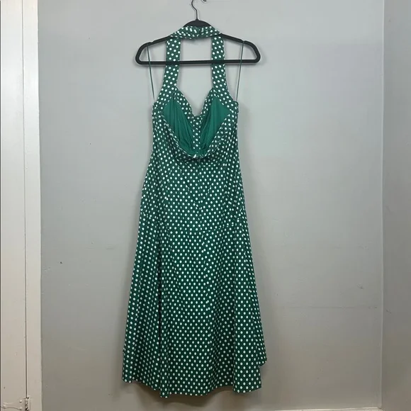 NWT Anthropologie Maeve Halter Ruched Midi Dress Green Polka Dot Sz 14  Petite - thefunkyskunk.ie